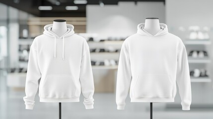 Front and back view of a plain white hoodie on a mannequin, isolated against a blurred clothing store background. Ideal for showcasing apparel designs, fashion retail, or branding mockups.