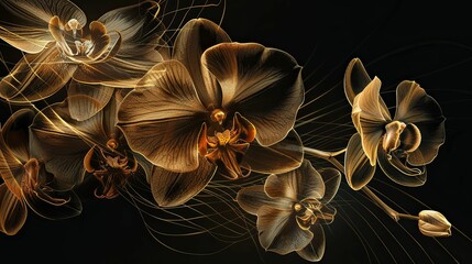 Golden Orchid Flowers with Veined Petals on a Black Background