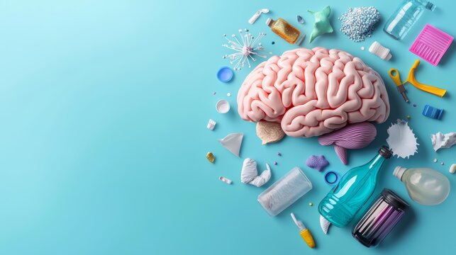 Illustration of a brain with microplastics depicted, exploring potential neurological impacts.
