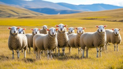 Fototapeta premium Charming Sheep Grazing Peacefully in a Lush Green Pasture Under a Clear and Beautiful Blue Sky