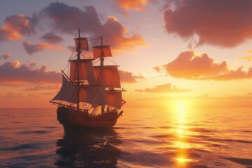 Fototapeta premium ai generative wooden sailing ship on sunset sea