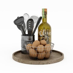Kitchen accessories. Marble round tray. Bottle of olive oil. Chicken eggs in metal basket. Kitchen accessories for cooking food. Isolated on white background. 3d render in high resolution