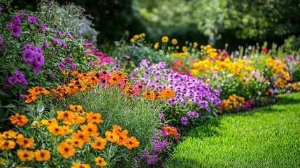 Obraz premium Lush garden with vibrant orange, purple, and yellow flowers in full bloom on a bright sunny day.