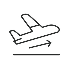 Flight departure, in line design. Flight departure, airplane, airport, takeoff, travel, aviation, boarding on white background vector. Flight departure editable stroke icon.