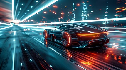 Futuristic Black Sports Car Speeding Through Neon-Lit City Street