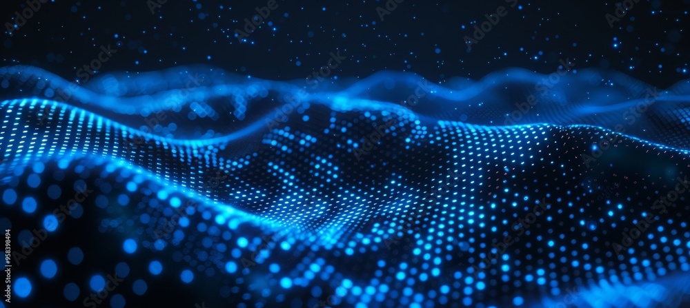 Poster abstract futuristic background. wavy surface made of dots with depth of field. digital background.