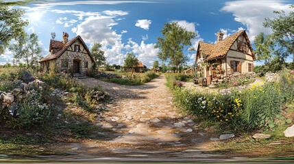 Charming rural scene featuring rustic houses, vibrant flowers, and a serene sky. Perfect for evoking peace and nature.