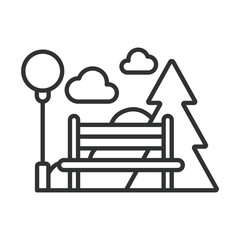 Park bench, in line design. Outdoor seating, garden bench, public park, relaxation, outdoor furniture, sitting area, on white background vector. Park bench, editable stroke icon.