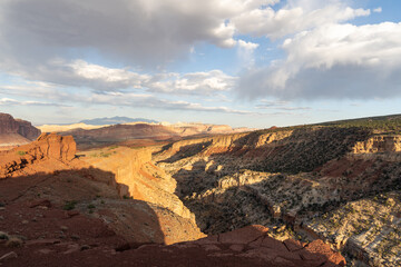 A breathtaking sunrise view of red rocks at Capitol Reef National Park, Utah.