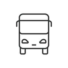 Bus front, in line design.  Vehicle, public transport, bus icon, transportation, bus design, front view, on white background vector. Bus front, editable stroke icon.