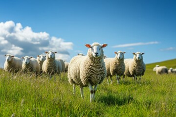 Fototapeta premium Charming Sheep Grazing Peacefully in a Lush Green Pasture Under a Clear and Beautiful Blue Sky