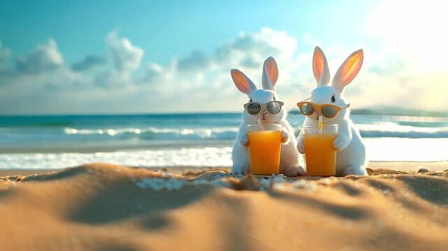 Two funny bunny rabbits in sunglasses with glasses of a summer drink orange juice on the sand of the beach	