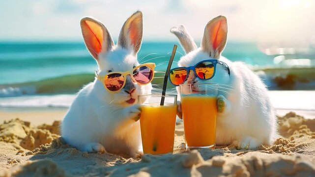 Two funny bunny rabbits in sunglasses with glasses of a summer drink orange juice on the sand of the beach	