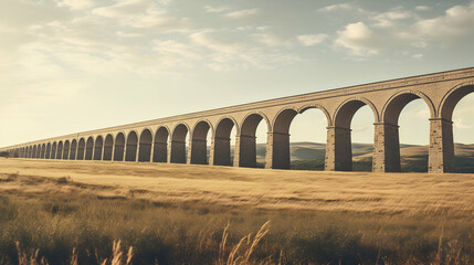 Fototapeta premium The symmetrical beauty of an arched aqueduct stretching across a serene countryside,