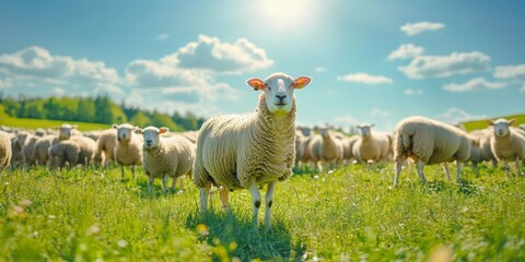 Fototapeta premium Sheeps in a meadow on green grass. Portrait of sheep. Flock of sheep grazing in a hill