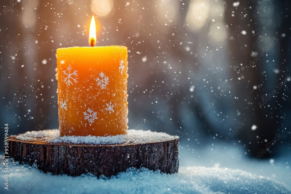 Poster a lighted candle with snowflake designs resting on a tree stump in the snow