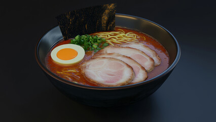 Traditional Japanese ramen bowl with slices of pork, eggs, and garnished with fresh vegetables on a dark background.