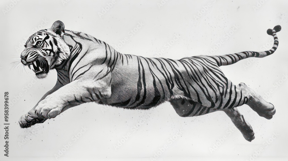 Wall mural Leaping Tiger: A Black and White Masterpiece