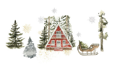 Obraz premium Watercolor winter landscape. Hand painted christmas forest with cozy red house, fir tree, snow, snowflakes. New year forest. illustration for card design, print.