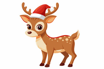 Christmas baby reindeer vector art with Santa Claus hat, Funny Xmas deer illustration on white background