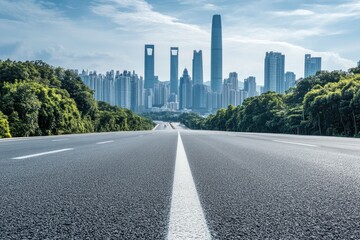 Asphalt highway road and city skyline with modern buildings scenery in Guangzhou. Car background , ai