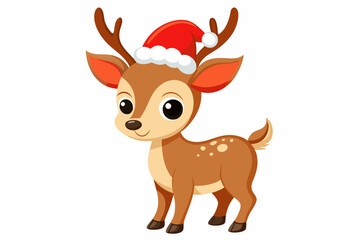 Christmas baby reindeer vector art with Santa Claus hat, Funny Xmas deer illustration on white background