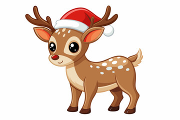 Christmas baby reindeer vector art with Santa Claus hat, Funny Xmas deer illustration on white background