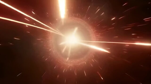 Spaceship passing through a wormhole, with streaks of light and particles. Video generative AI