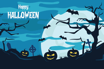 Halloween background with cemetary, pumpkin, death tree, and bats