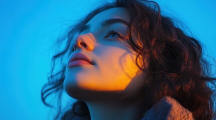 Naklejka premium Aspirational 30-something Woman Dreamer Gazing at the Sky, Embracing Hope and Possibilities. Visionary and Inspirational Lifestyle Concept.