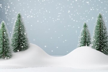 Obraz premium White podium with fir trees and falling snow. Display for winter holidays, New Year and Christmas product presentation