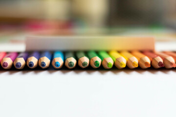 Naklejka premium Colored pencils, pencils, ruler, notebook, pencil sharpener and eraser. Material for back to school. Above the school table.