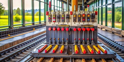 Naklejka premium Detail shot of a mechanical signal box with red and yellow levers for controlling train signals , Mechanical, Signal box