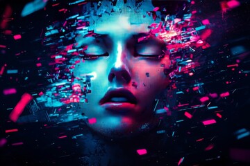 Digital Face of a Woman Emerging from a Sea of Glitch Effects with Vibrant Neon Colors