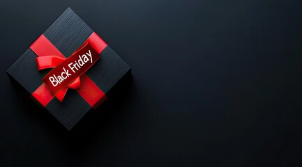 Black gift box with a red ribbon featuring the text Black Friday, AI generated image. Shopping