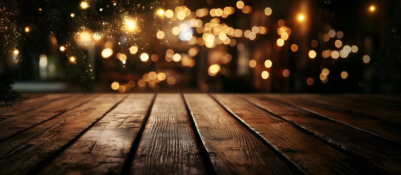 magical tinsel xmas tree lights & dust on the wooden floor under a christmas tree; empty stage for product or services  exposure; copy space; widescreen backdrop; warm, cozy texture