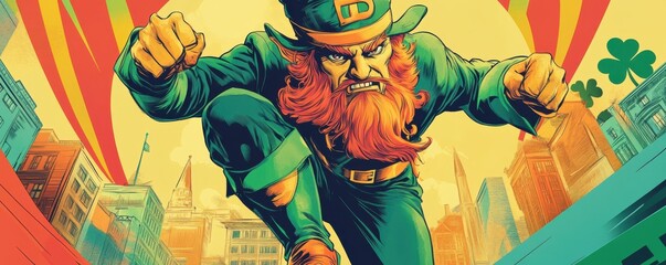 Retro comic book cover with a fierce, heroic leprechaun in vibrant cityscape, bold colors and dynamic action depicting strength and courage