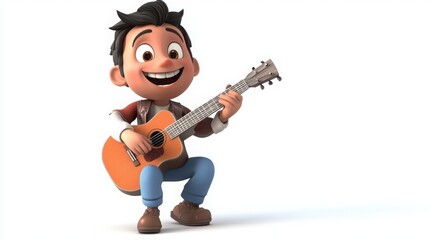 A 3D cartoon character playing the guitar, strumming enthusiastically with a big smile, on a white background 