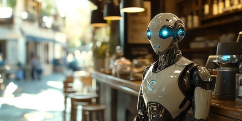 Fototapeta premium Sleek Robot Serving Drinks in a Futuristic Minimalist Cafe