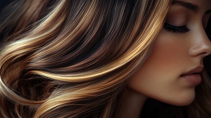 Close-up of beautiful hair showcasing rich colors and smooth texture, highlighting its shine and volume against a softly blurred background.