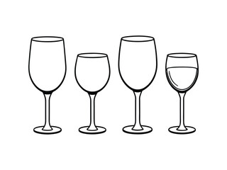 Minimalist black and white line drawing of four identical wine glasses in symmetric arrangement