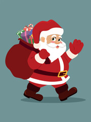 Cute Santa Claus character isolated on light blue background. Santa wishes everyone a Happy New Year and Merry Christmas and carries a bag of colorful gifts to every home. Jolly mood. Flat vector