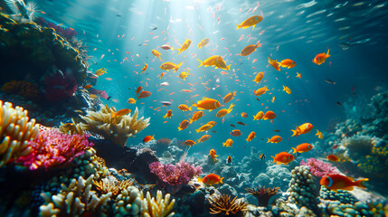 Fototapeta na wymiar beautiful underwater scenery with various types of fish 