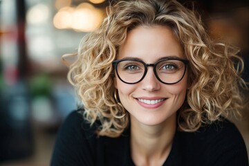 Obraz premium Stylish and Confident Woman with Curly Blonde Hair and Glasses Smiling in a Bright Indoor Setting