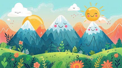 Happy Mountains, Sun, and Flowers in a Cartoon Landscape