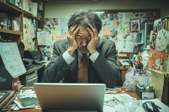 A photo of an older man sitting at his desk, holding his head in despair as he works on the laptop computer with smoke coming out from under it. Created with Ai