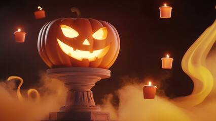 Jack-o'-lantern on an altar surrounded by candles and mystical fog, creating an eerie Halloween atmosphere.