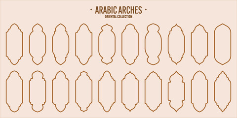 Islamic frames, oriental style objects. Arabic shapes, windows and arches. Traditional ornamental banner, frame. Muslim holidays, Ramadan Kareem. Modern eastern architecture. Vector illustration