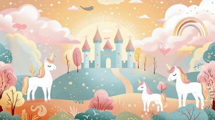 Three Unicorns in a Magical Forest with a Castle and Rainbow
