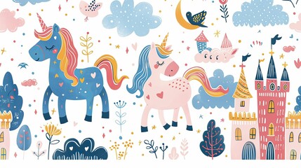 Two Unicorns, a Castle, and Clouds in a Whimsical Landscape